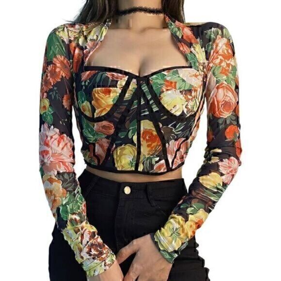 Unbranded Tops - Floral Long Sleeve Corset Sweetheart Bodycon Mesh Crop Top Ruched Bustier L